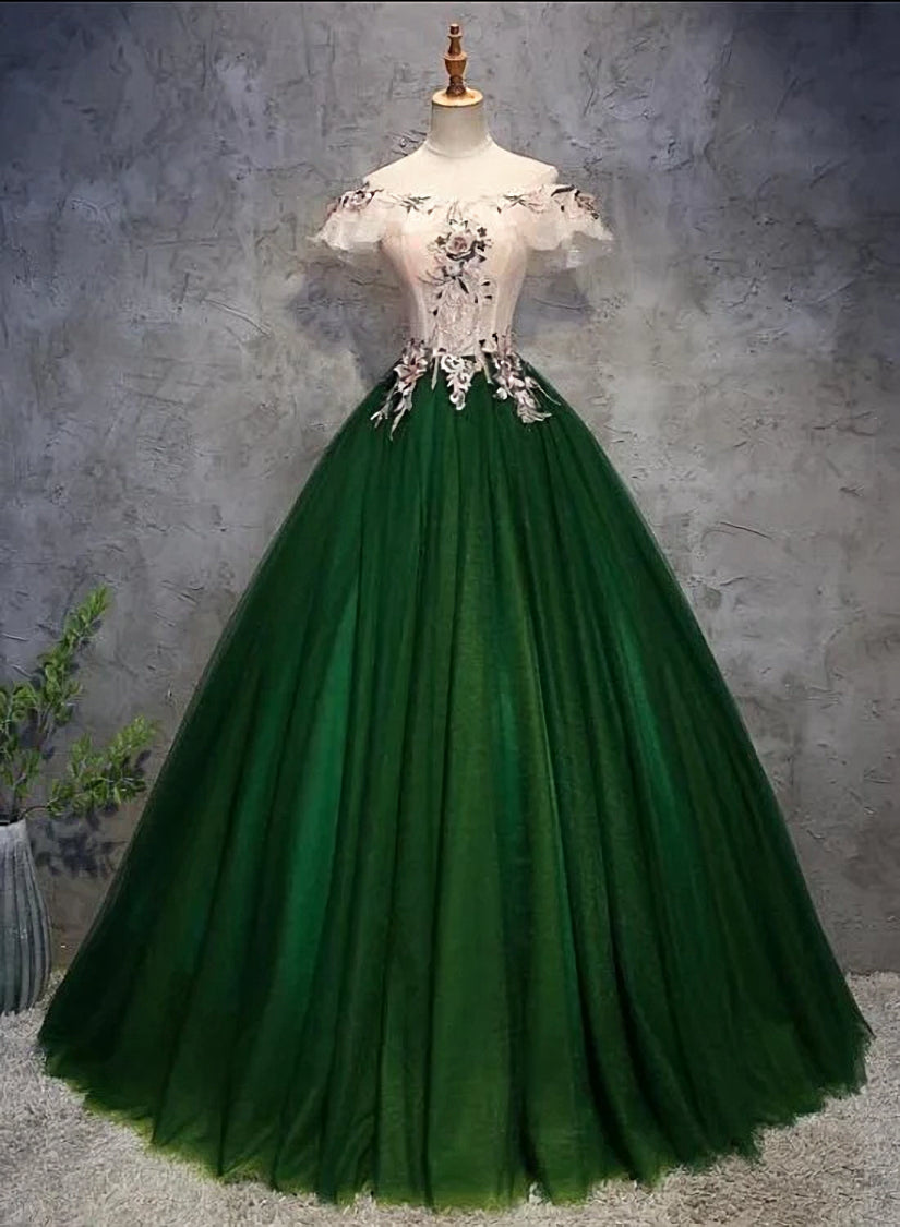 Green Tulle Ball Gown with Lace Off Shoulder Sweet 16 Dress, Ball Gown Party Dress Formal Dress