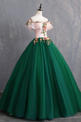 Green Tulle Lace Long Prom Dress, Cute Off Shoulder Evening Dress Party Dress