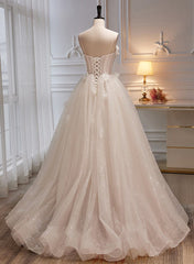 Ivory Tulle with Flowers Sweetheart A-line Long Prom Dress, Elegant Formal Dress
