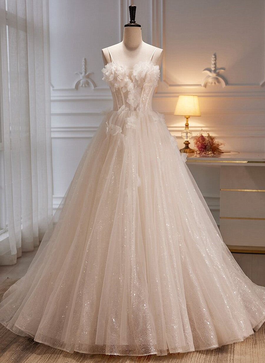 Ivory Tulle with Flowers Sweetheart A-line Long Prom Dress, Elegant Formal Dress