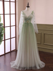Light Green Tulle Long Sleeve Prom Dress, Green Gradient Floor Length Evening Dress