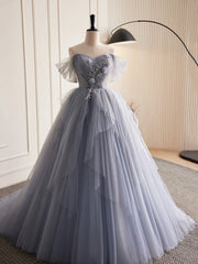 Gray Tulle Long A-Line Prom Dress, Off Shoulder Evening Dress Party Dress