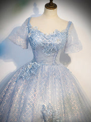 Blue Tulle Lace Long Prom Dress, Shiny A-Line Short Sleeve Evening Dress
