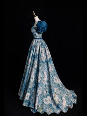 Blue Printed Long Ball Gown, Elegant A-Line Short Sleeve Evening Dress