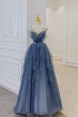 Blue Tulle Layers Straps Beaded Long Prom Dresses, A-Line Evening Dresses