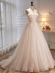 Spaghetti Strap Tulle Champagne Long Prom Dress, Champagne Evening Party Dress