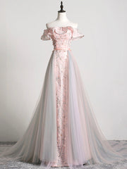 Lovely Tulle Applique Long Prom Dress, A-Line Evening Dress with Detachable Skirt