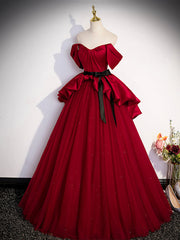 Burgundy Sweetheart Neck Formal Dress, A-Line Tulle Floor Length Prom Dress
