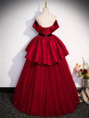 Burgundy Sweetheart Neck Formal Dress, A-Line Tulle Floor Length Prom Dress
