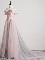 Lovely Tulle Applique Long Prom Dress, A-Line Evening Dress with Detachable Skirt