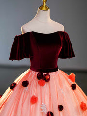 Burgundy Velvet Tulle Long Formal Dress, Off the Shoulder Sweet Flower Party Dress