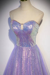 Purple Strapless Sequins Floor Length Prom Dress, A-Line Formal Dress