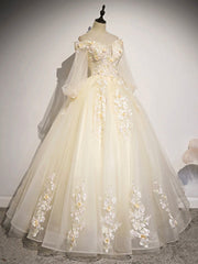 Champagne Tulle Lace Long Prom Dress, A-Line Off the Shoulder Long Sleeve Evening Dress