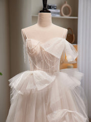 Light Champagne Tulle Long Princesse Dress, Lovely Spaghetti Straps Evening Party Dress