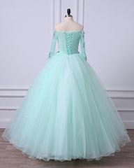 Mint Green Tulle Off Shoulder Long Sleeve Lace Applique Sweet 16 Prom Dress, Formal Dress