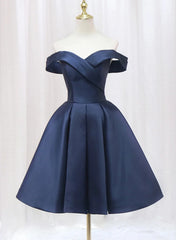 Navy Blue Satin Off Shoulder Knee Length Party Dress, Navy Blue Homecoming Dress