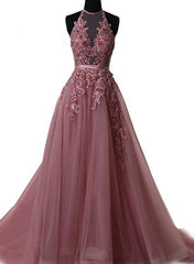 Pink Halter  Lace-up Long Formal Gown, Pink Party Dresses