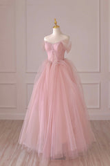 Pink Tulle Lace Long Formal Dress, A-Line Off Shoulder Pink Prom Dress