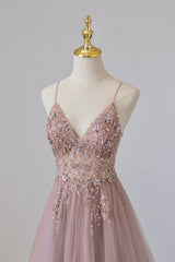 Pink Tulle Long A-Line Prom Dress, Pink Spaghetti Formal Dress with Beaded