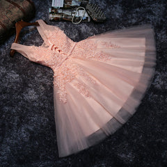 Pink V-neckline Tulle Knee Length Party Dress, Lovely Tulle Formal Dress