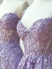 Purple Sweetheart Neck Lace Long Prom Dresses, Purple Lace Graduation Dress