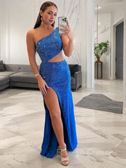 Sheath/Column One-Shoulder Sweep Train Jersey Prom Dresses With Leg Slit