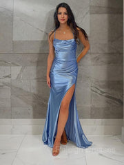 Sheath/Column Spaghetti Straps Sweep Train Silk like Satin Prom Dresses With Leg Slit