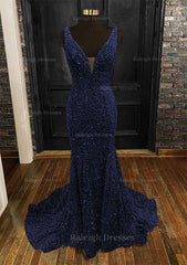 Sheath Column Trumpet Mermaid V Neck Sleeveless Velvet Sequins Sweep Train Prom Dress