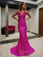 Sheath/Column V-neck Court Train Sequins Prom Dresses