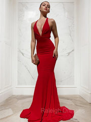 Sheath/Column V-neck Sweep Train Jersey Prom Dresses With Ruffles