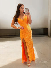 Sheath/Column V-neck Sweep Train Sequins Prom Dresses With Leg Slit