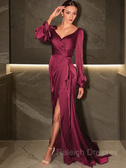 Sheath/Column V-neck Sweep Train Silk like Satin Mother of the Bride Dresses With Ruched