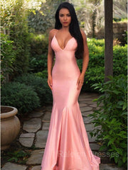 Sheath/Column V-neck Sweep Train Silk like Satin Prom Dresses