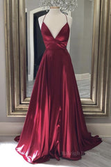 Simple A Line V Neck Backless Burgundy Long Prom Dresses, Backless Burgundy Formal Graduation Evening Dresses