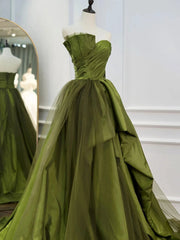 Strapless Green High Low Prom Dresses, High Low Green Long Formal Evening Dresses