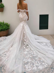 Tromba/sirenetta Off-the Shoulder Cathedral Train Tulle Wedding Abites with Appliques Lace