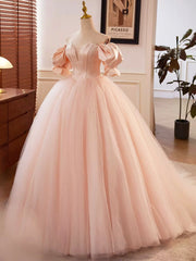 Pink Sweetheart Neck Corset Tulle Prom Dress, A-Line Off the Shoulder Sweet 16 Dress