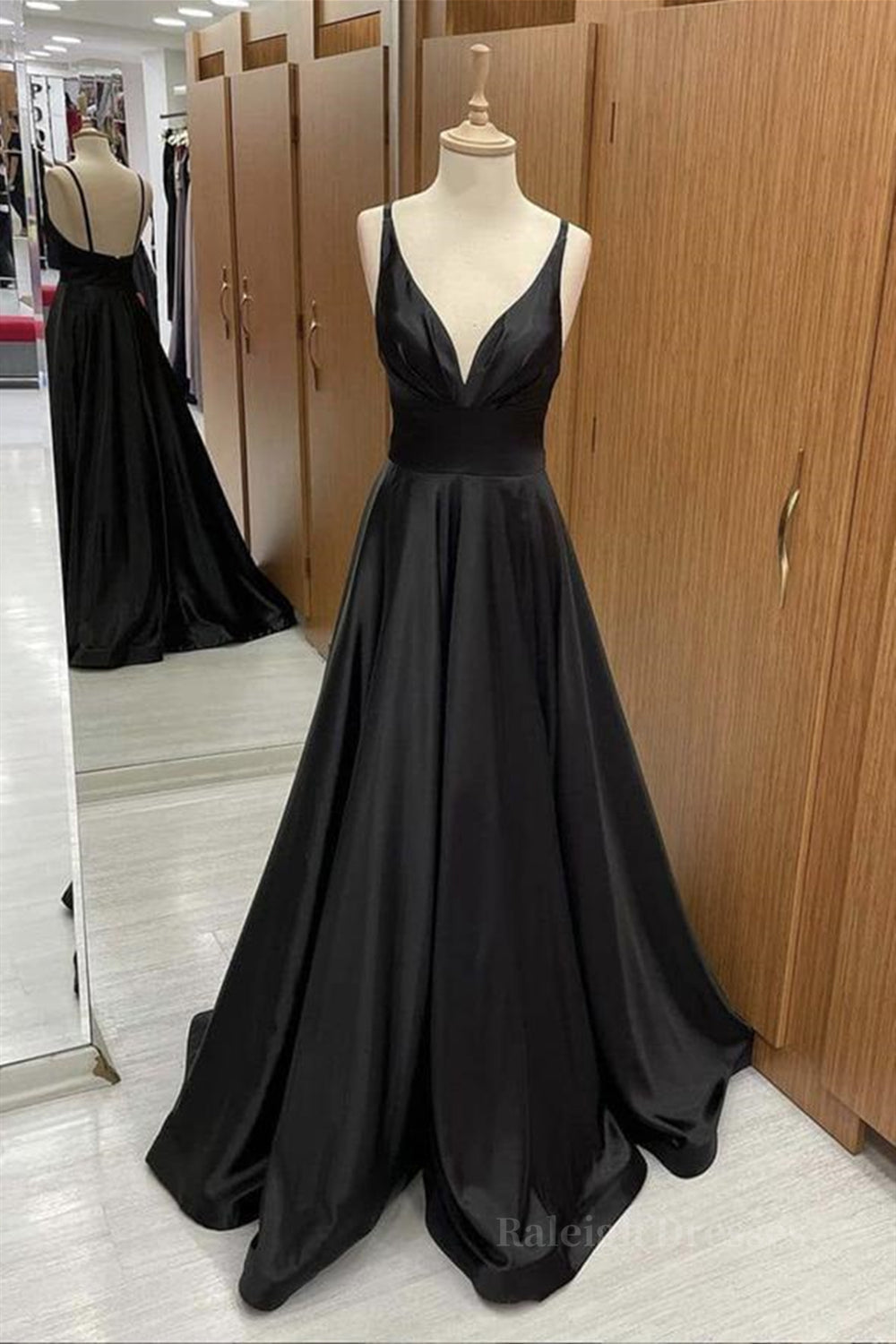 V Neck Backless Black Satin Long Prom Dresses, Backless Black Formal Dresses, Black Evening Dresses