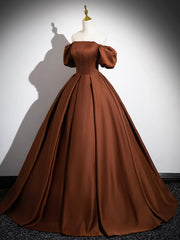 Brown Satin Floor Length Prom Dress , Off the Shoulder A-Line Evening Dress