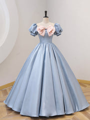 Blue Satin Floor Length Prom Dress with Bow, Blue A-Line Evening Formal Dress