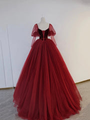 Burgundy Velvet and Tulle Floor Length Formal Dress, A-Line Long Sleeve Tulle Evening Party Dress